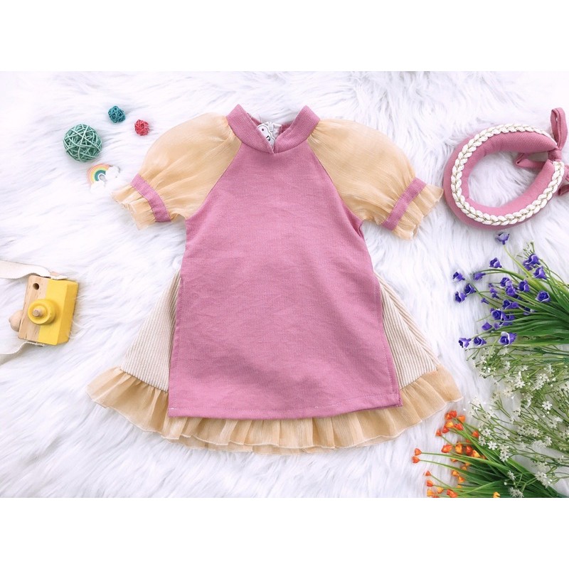 Set Áo Dài Nhung Gân Tay Phồng Kèm Mấn Cho Bé Gái - BABY CAT