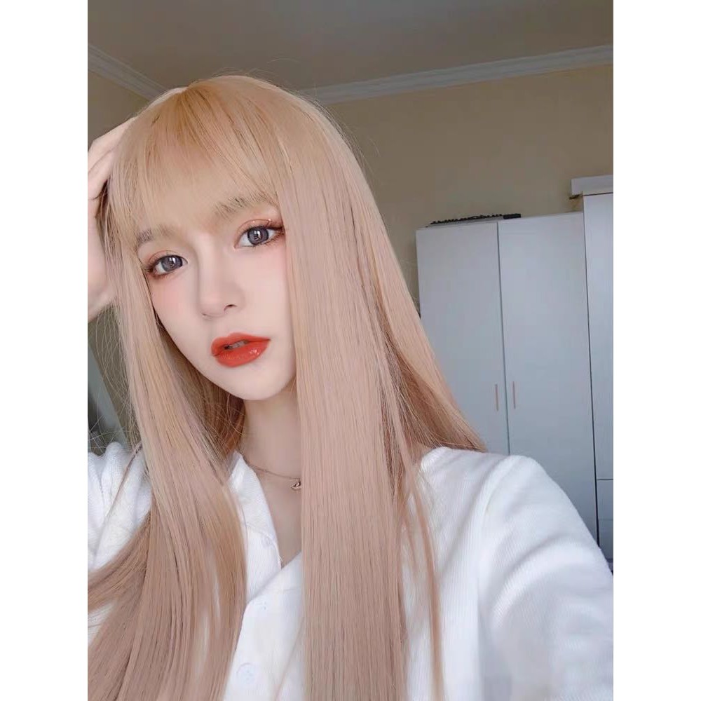 Tóc giả dài thẳng nhuộm màu xanh dương thời trang cho nữ kèm lưới trùm tóc giả