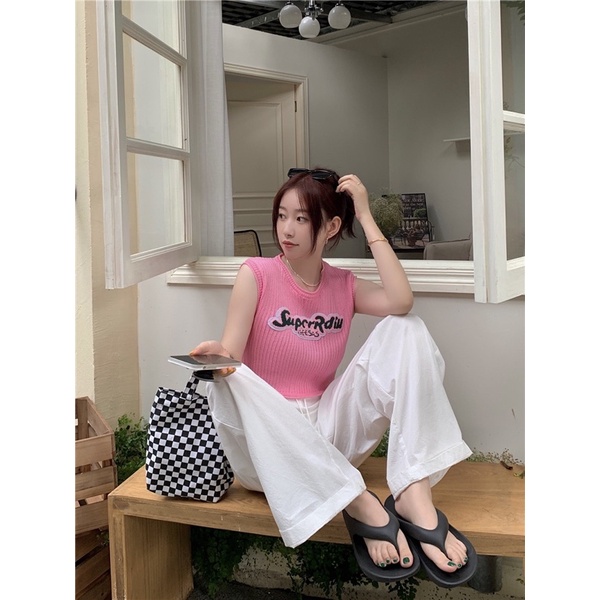 Áo ba lỗ đan mùa hè thêu chữ SupcrRdiu