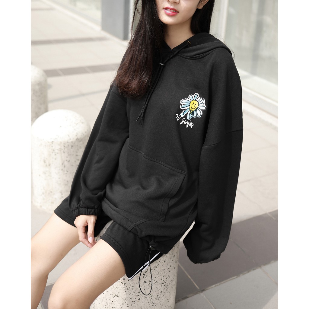 Áo Hoodie No Smile - Phía Trước Và Sau In Hình Sắc Nét - Chất Vải Nỉ Da Cá - Form Oversized Rộng Thoải Mái - Màu Đen