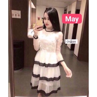 Đầm xoè ren tầng viền trắng tiểu thư