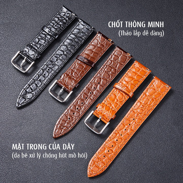 Dây đồng hồ nam da bò dập vân cá sấu xử lý chống hút mồ hôi dùng chốt thông minh - D2104