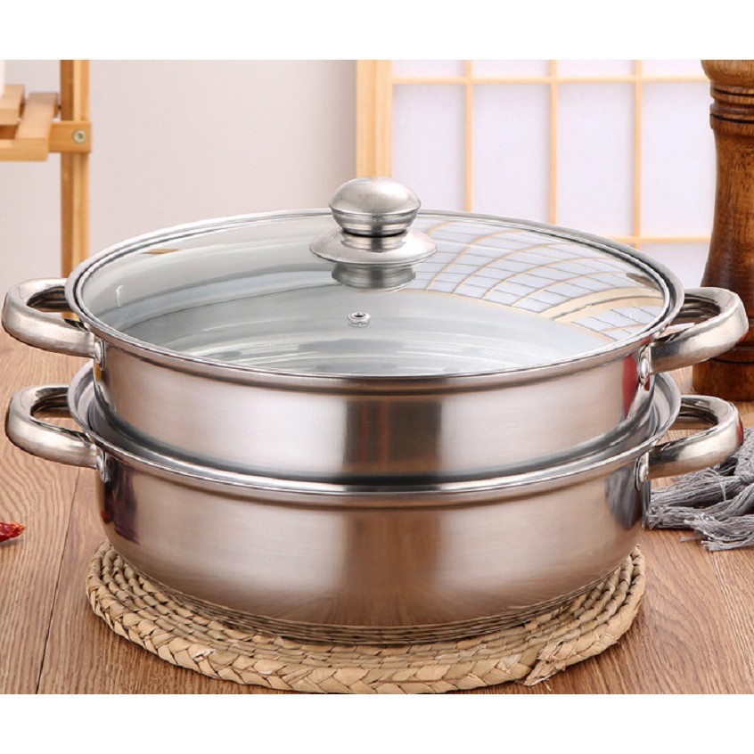 Bộ Nồi Hấp Đa Năng  Xửng Hấp Inox 28cm – Nồi 2 Tầng Cao Cấp Nắp Kính Hấp Bánh, Hấp Xôi, Rau Củ Loại 1