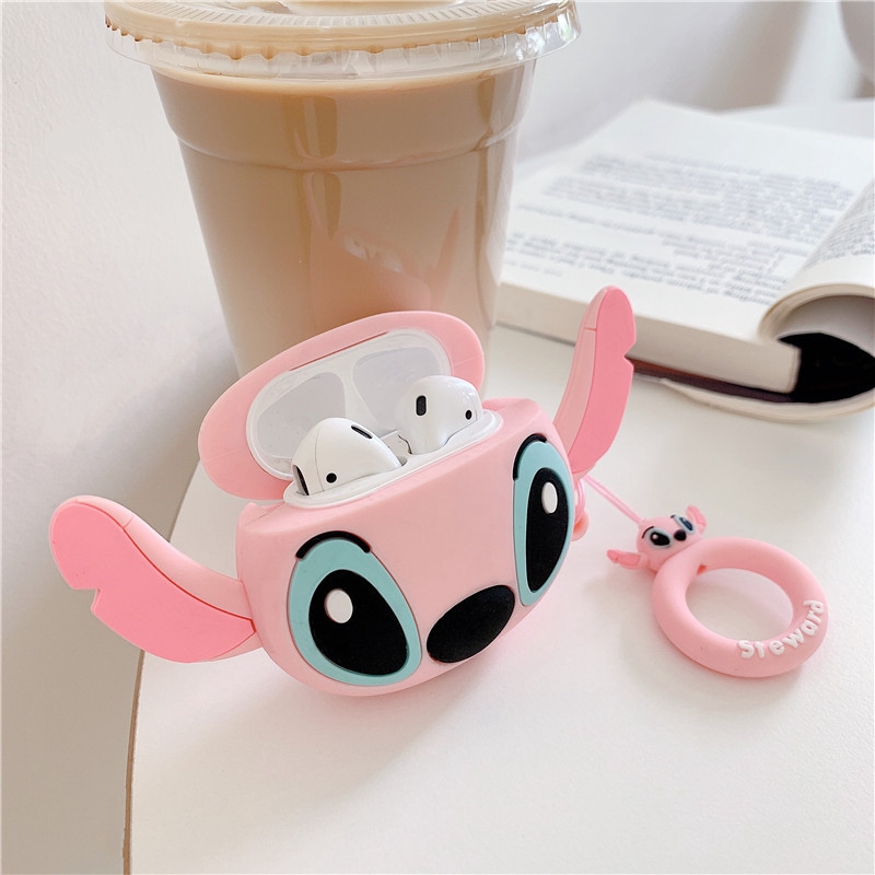 Lilyrose Store/ 3D Cartoon Cute Stitch Couple Lover AirPods 1/2 AirPods Pro Bluetooth Headset Anti-fall Silicone Soft Case Headset Protection Cover With Lanyard