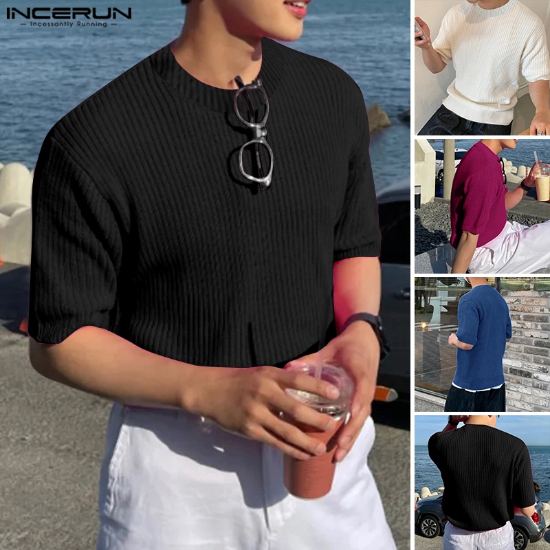 Áo thun INCERUN dệt kim chui đầu cổ tròn ngắn tay màu trơn cho nam