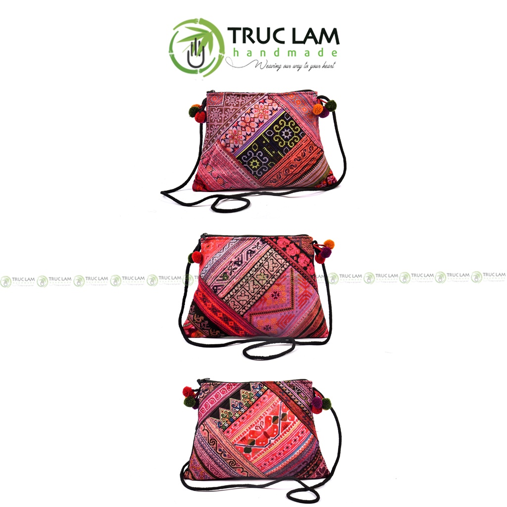 Túi Đeo Chéo Thời Trang Vải Thổ Cẩm Thêu Tay Gắn Quả Bông - Trúc Lâm Handmade