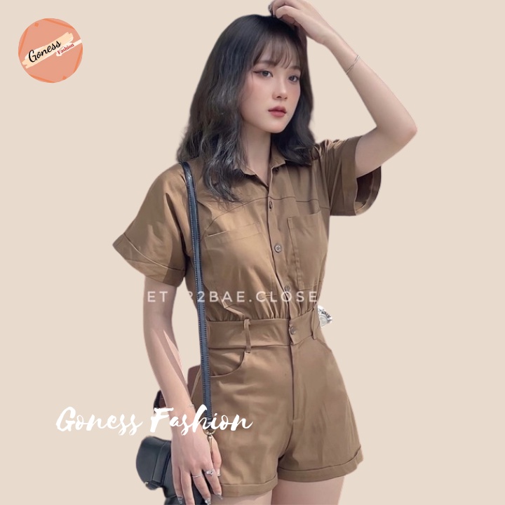 Bộ Jumpsuit Goness cổ sơ mi liền quần gập gấu dáng ngắn jum nữ body chất vải thô kaki cúc cài lưng chun chiết eo