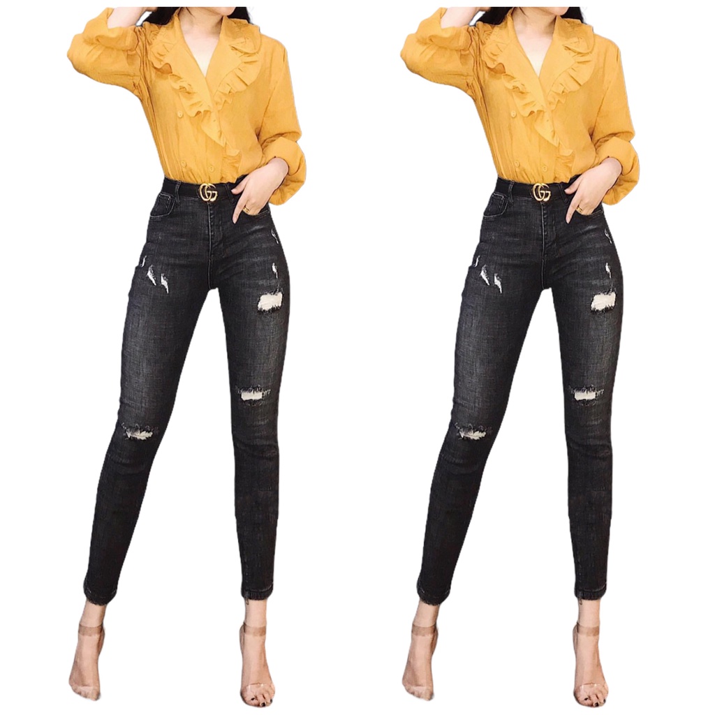 Quần jean xám đen rách kiểu dành cho Bigsize, Lưng cao, Co dãn mạnh 4072 Molijean