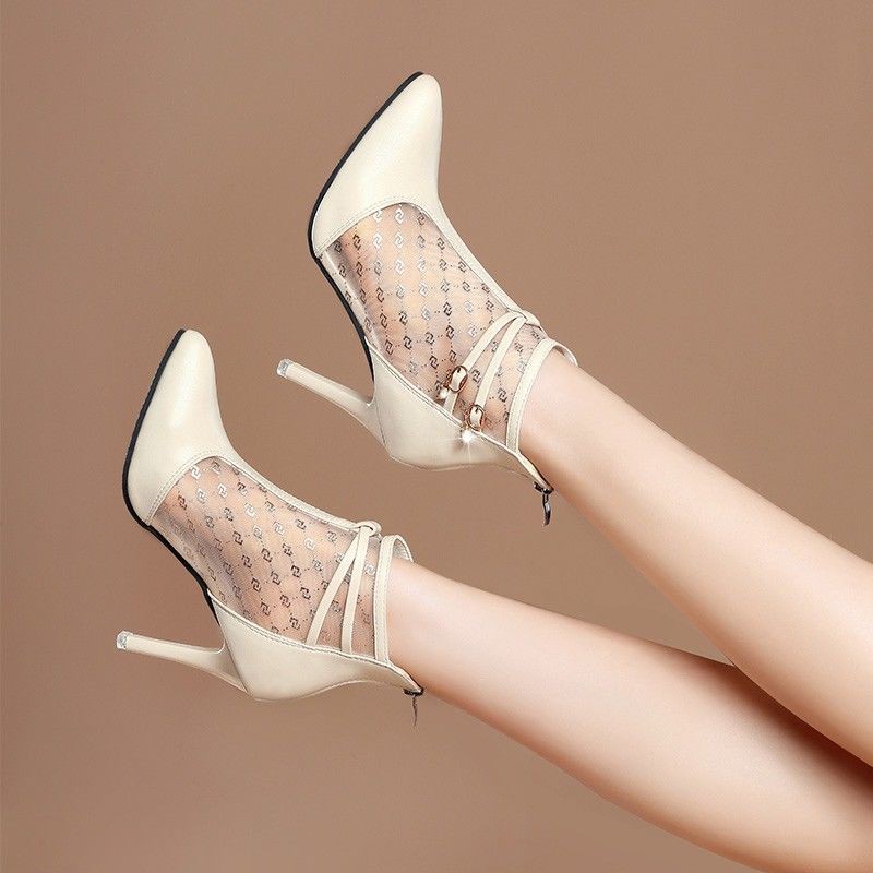 ◙✲♚Hongqilao spring new high heels women s summer stiletto sandals with breathable mesh and hollow leather toe cap