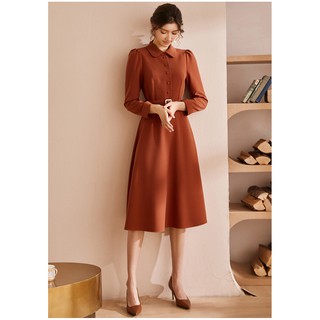 Đầm cam đất cổ sơ mi xòe tay đài kèm đai eo