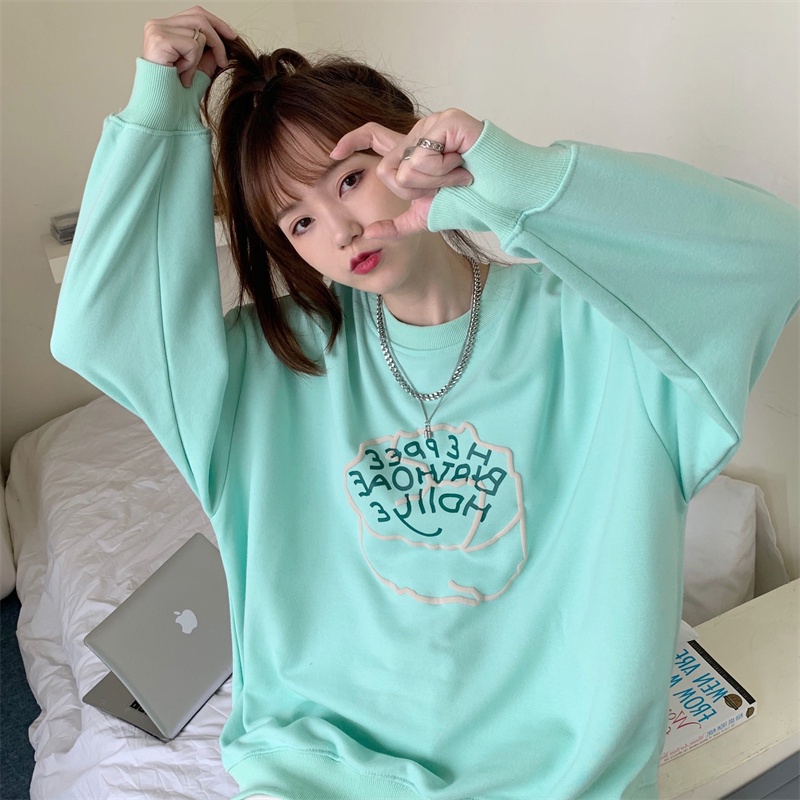 ZHELIHANGFEI Áo Thun Tay Dài Cổ Tròn Form Rộng Họa Tiết In Theo Phong Cách Preppy Dễ Phối Đồ