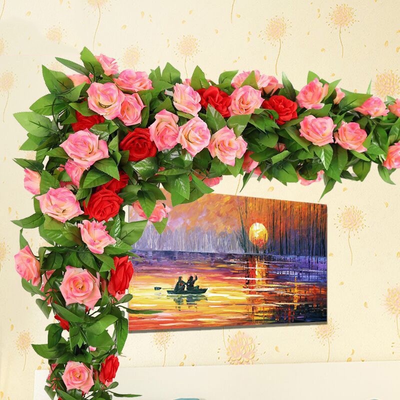 Dây hoa hồng leo giả bằng lụa dài 2.45m 9 bông hoa hồng dùng trang trí tuyệt đẹp