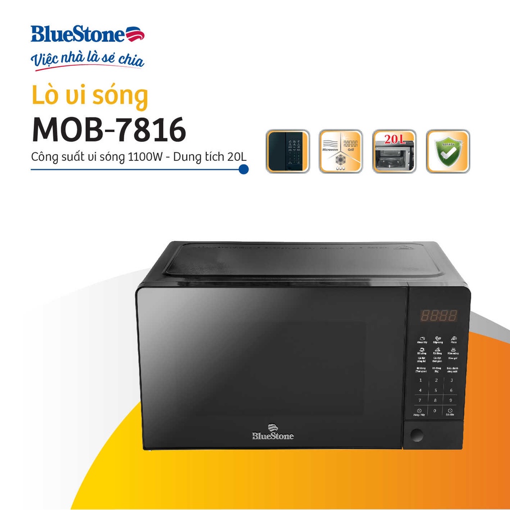 Lò vi sóng điện tử BlueStone MOB-7816 Dung tích 20L - Công suất 1100W - 8 chế độ nấu - bảo hành chính hãng 2 năm