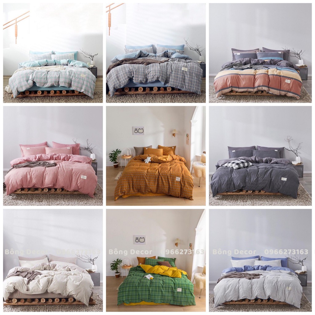 Bộ Chăn Ga Gối Cotton Đũi-Tici Phối Màu Kẻ Mới 2020