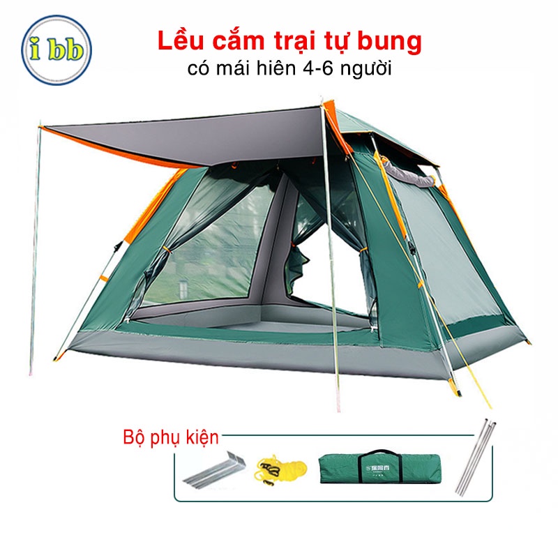 Lều cắm trại tự bung có mái hiên, lều du lịch dã ngoại dành cho 4-6 người chống nước, chống tia bức xạ, thông gió mát mẻ