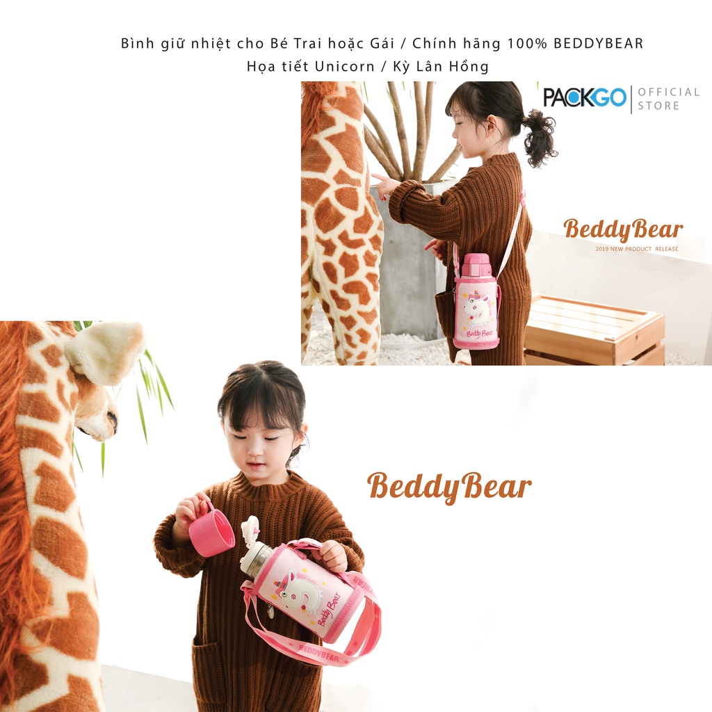 Bình giữ nhiệt cho Bé Gái Chính hãng 100% BeddyBear - Dung tích 600 ml - Unicorn-Kỳ Lân - 2 Nắp thay thế - Chính hãng