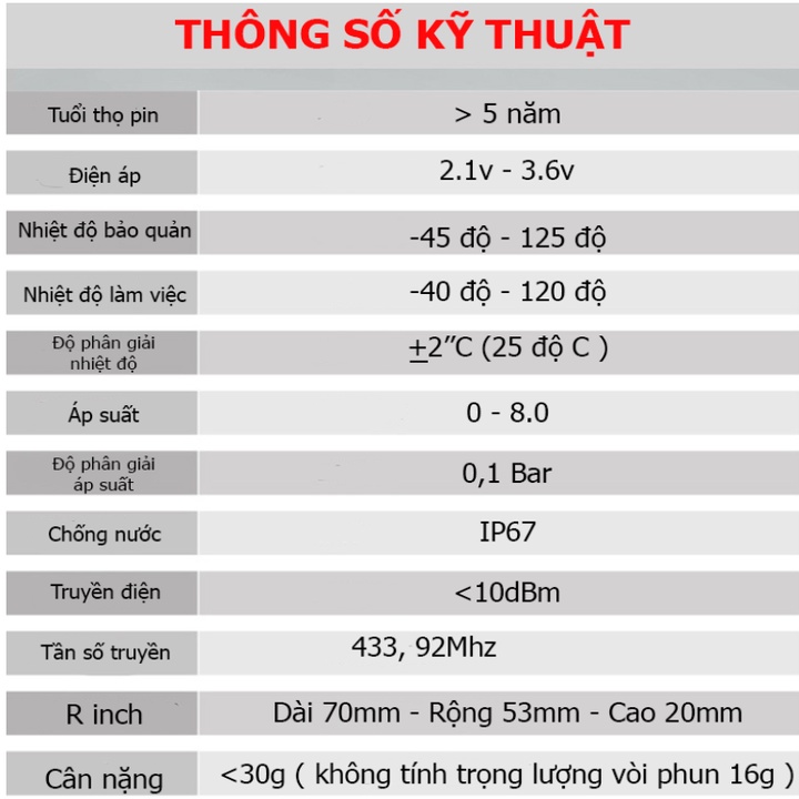 Bộ cảm biến áp suất lốp gắn van trong TN03N - Áp suất làm việc: 0-51 PSI/0-3.5 bar