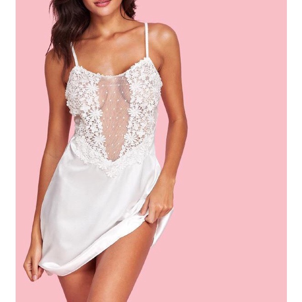 Váy ngủ satin pha lưới cúp ngang phói hoa dọc sexy Minhduongct