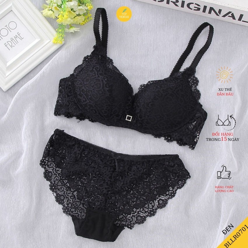 Bộ Đồ Lót Ren Không Gọng Đệm Mỏng Vừa 2,5cm Đính Đá Ngực Sexy Tep Venus BLR0701