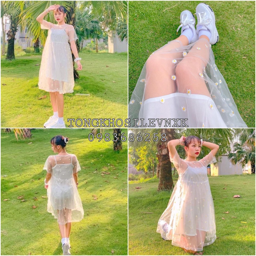 SET VÁY BABYDOLL VOAN HOA CÚC HỌA MI - SET ĐẦM 2 DÂY TRẮNG MIX VÁY REN LƯỚI DAISY XÒE ULZZANG