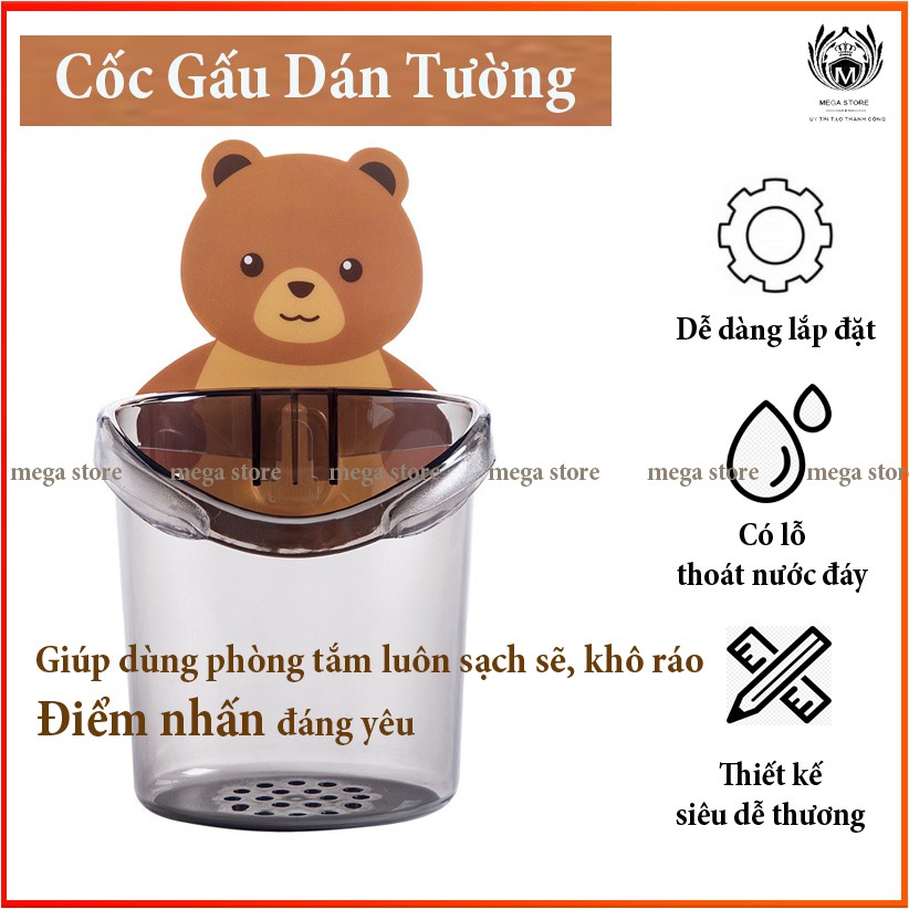 Ly Cốc Dán Tường Hình Gấu Nâu Đựng Bàn Chải, Kem Đánh Răng, Đồ Dùng Nhà Tắm - CỐC GẤU DÁN TƯỜNG - Có lỗ thoát nước