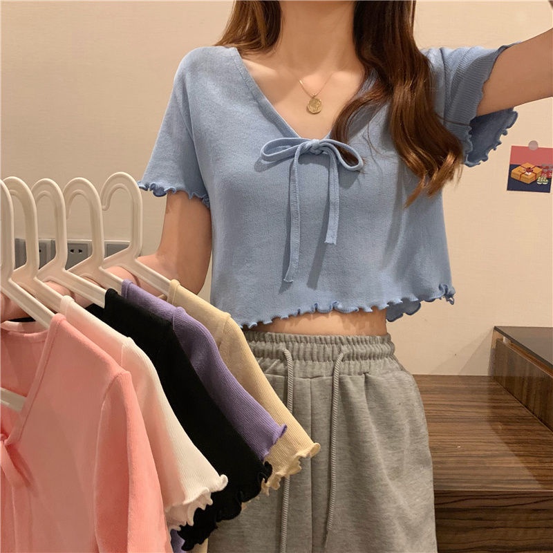 Áo Croptop Tay Ngắn Phối Nơ Màu Xanh Dương JL-TX-279