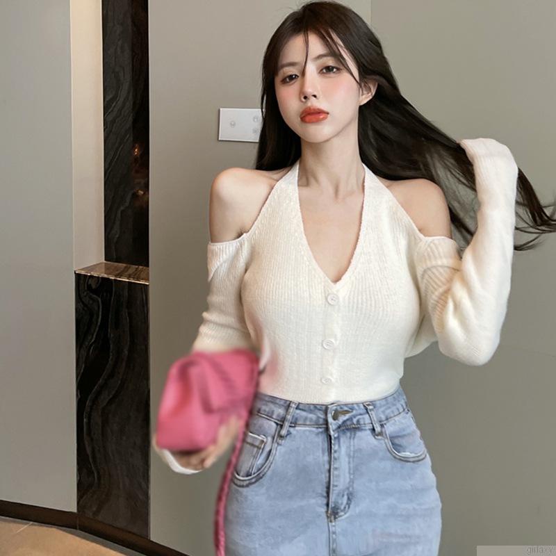 Áo len dệt kim tay dài trễ vai màu sắc thanh lịch dành cho nữ