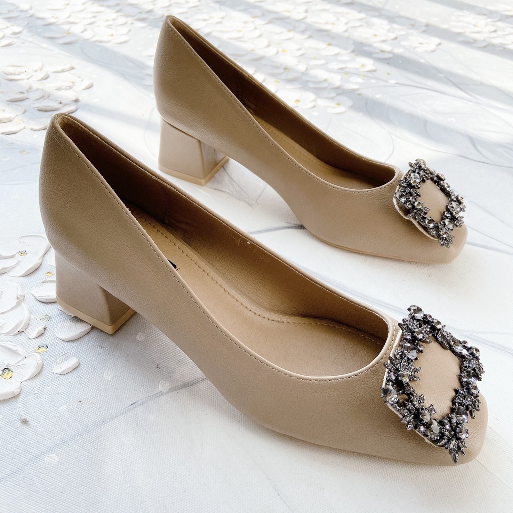 Giày Cao Gót Nữ Mũi Tròn, Giày Cao Gót 5 Phân, Charm Đá Vuông, Kiểu Dáng Công Sở Basic_DA723