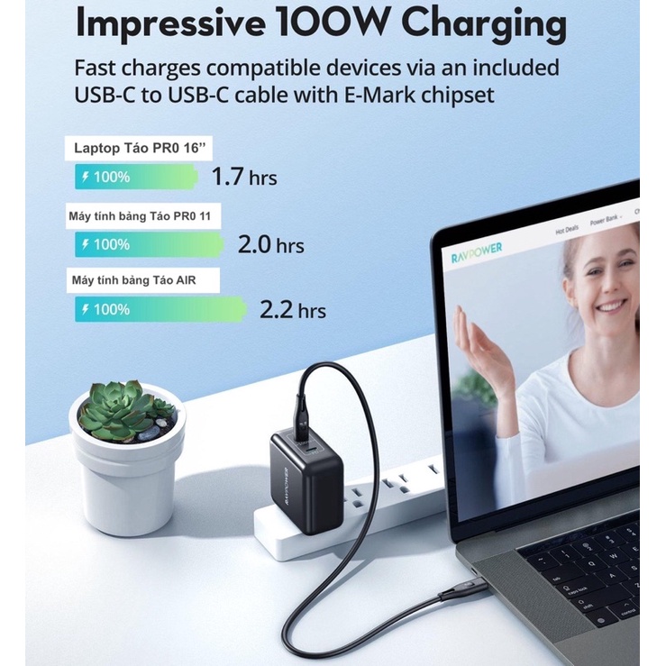Củ sạc nhanh laptop táo PR0, lP13 Series, S21 Series, Note 20 Ultra 5G RAVPOWER RP-PC151 02 USB-C PD/PPS 100W GaN II