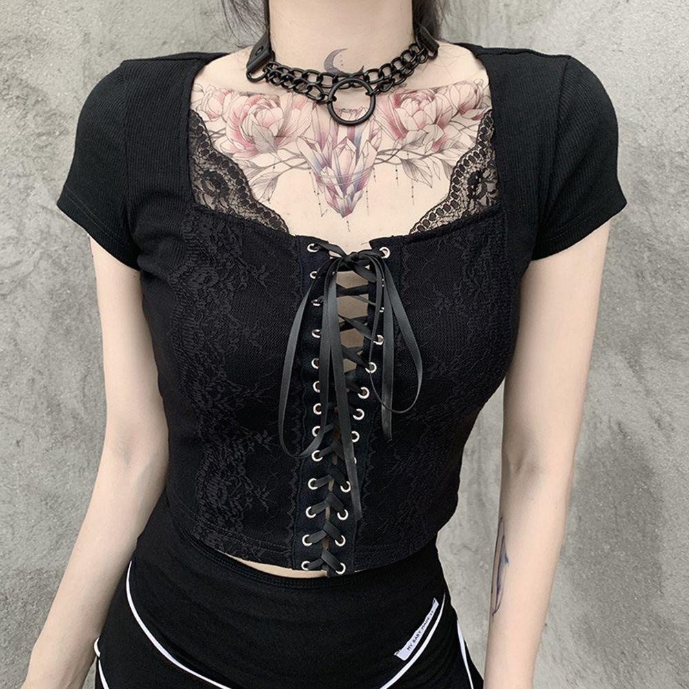 Áo Thun Đen Cổ Chữ V Gợi Cảm Phong Cách Goth