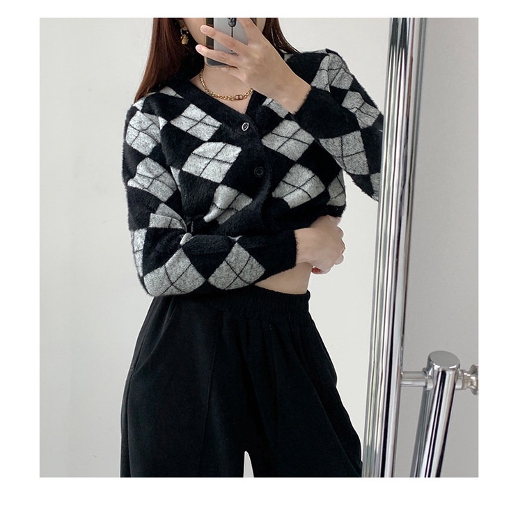 QKOOLE  Áo khoác cardigan dệt kim cổ chữ V đính cúc phong cách retro Hàn Quốc