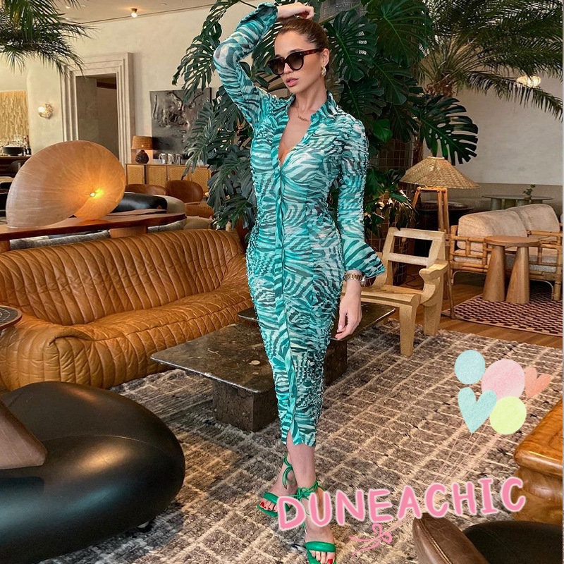 DUNEA Đầm Tay Dài Cổ Polo In Họa Tiết Thời Trang Cho Nữ