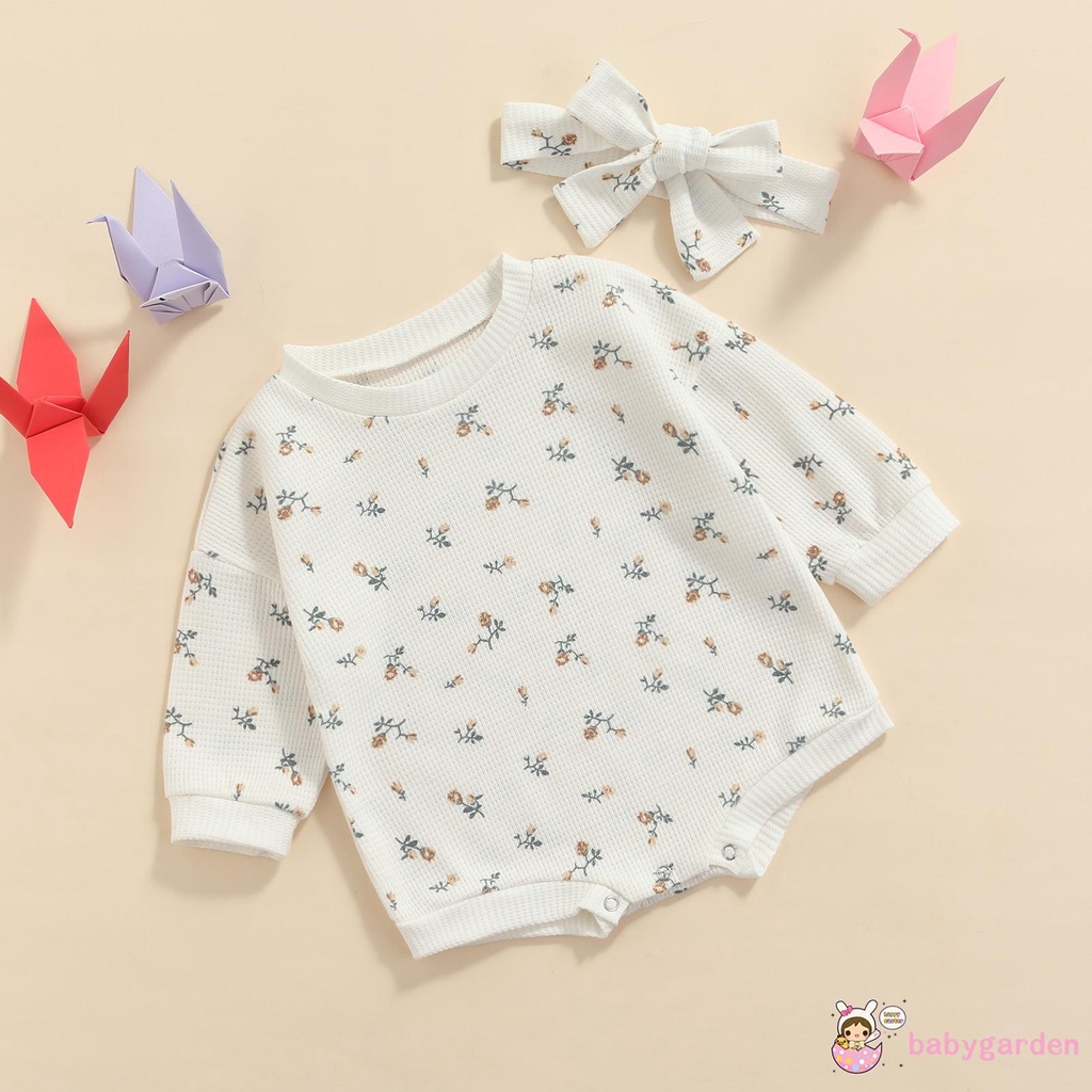 Áo liền quần tay dài cổ tròn in hoa và băng đô cài tóc thời trang mùa xuân cho bé gái