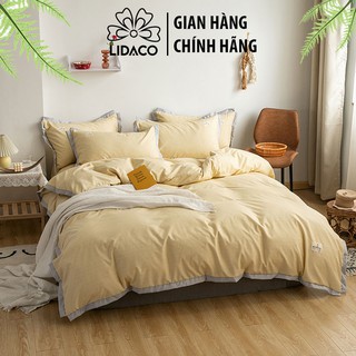 Bộ vỏ chăn ga gối đũi silk Lidaco cao cấp - Caro Vàng Viền Xám