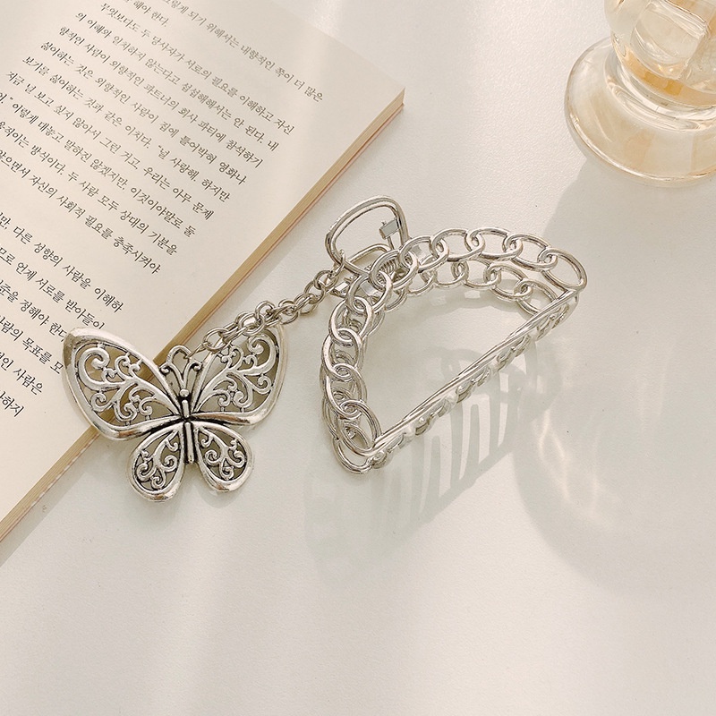 Kẹp tóc kim loại tua rua hình trái tim/bướm màu bạc thời trang cho nữ