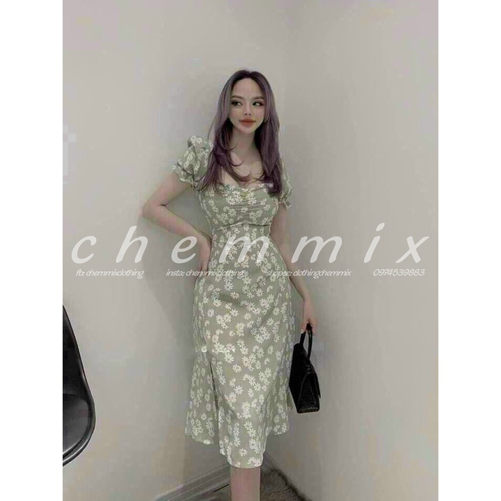 Đầm xẻ tà maxi cổ vuông tay phồng cúc họa mi ChemMix siêu xinh cho nàng đi biển, dạo phố