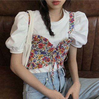 SET KHÔNG BÁN RỜI ÁO KIỂU NỮ TAY PHỒNG NGẮN CỔ TRÒN KÈM ÁO DÂY HOA CỘT NƠ DÁNG NGẮN MẶC ĐƯỢC HAI KIỂU