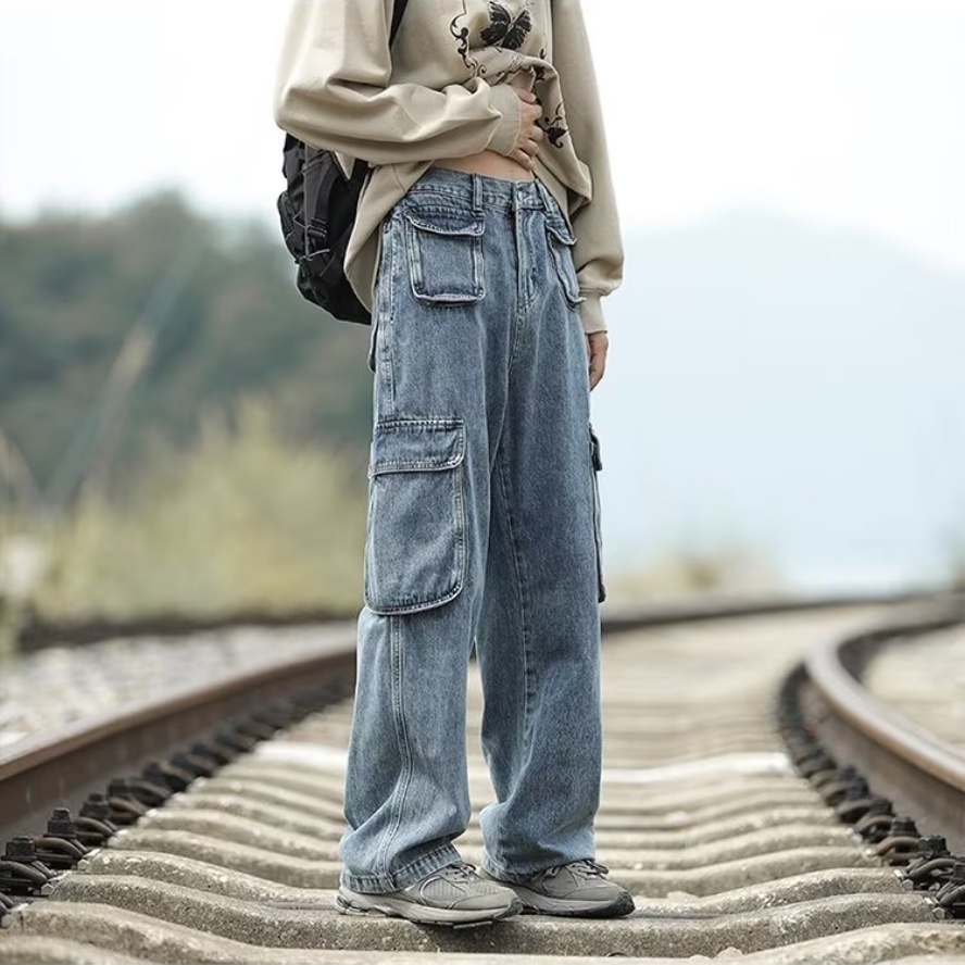 Quần jean nam quần jean nữ có túi quần jean nam nữ lưng cao thời trang phong cách Hàn Quốc quần jean chở hàng Unisex với dây thắt lưng đàn hồi thời trang Quần ống rộng nhiều túi sành điệu