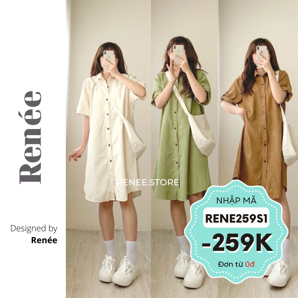Váy sơ mi nhung tăm cộc tay, váy nữ dáng dài khuy gỗ Renee - VS10