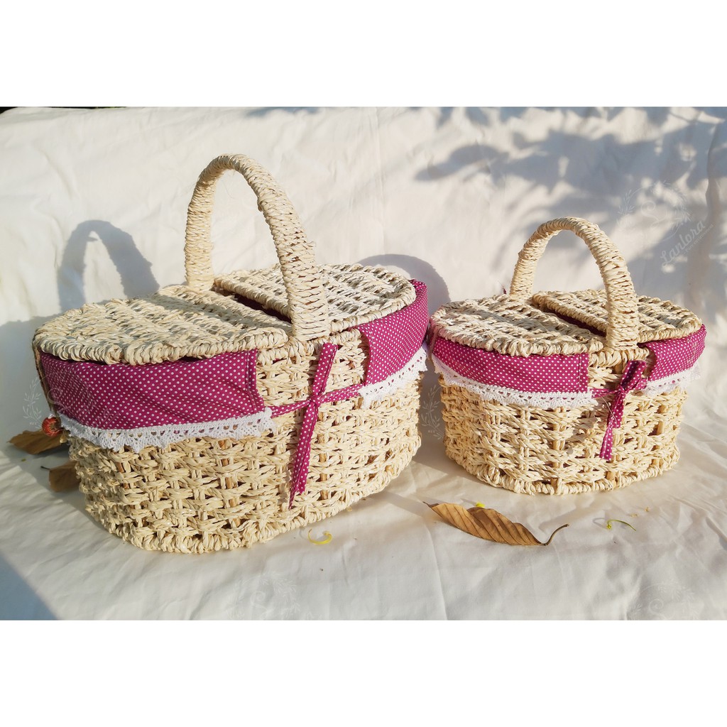 Giỏ picnic, giỏ cói oval đựng trái cây có nắp đậy đan có lót , sản xuất tại Việt Nam, hình thật shop chụp