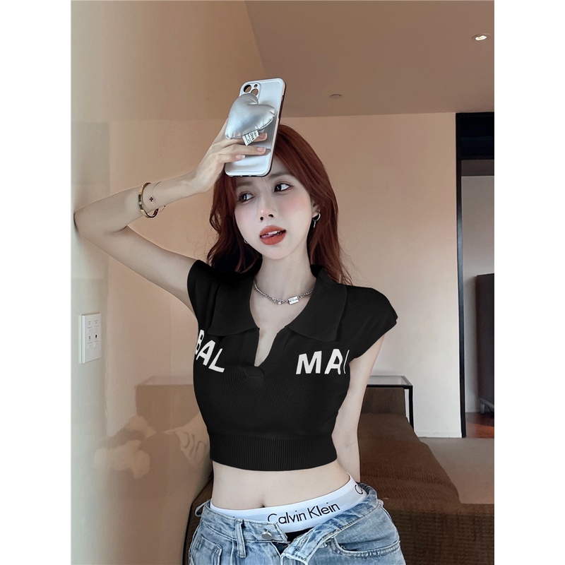 QADCOL Áo Croptop Dệt Kim Cổ Polo In Chữ Quyến Rũ Thời Trang Mùa Hè Cho Nữ