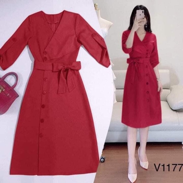 Đầm đỏ thắt nơ phối cúc HANA170