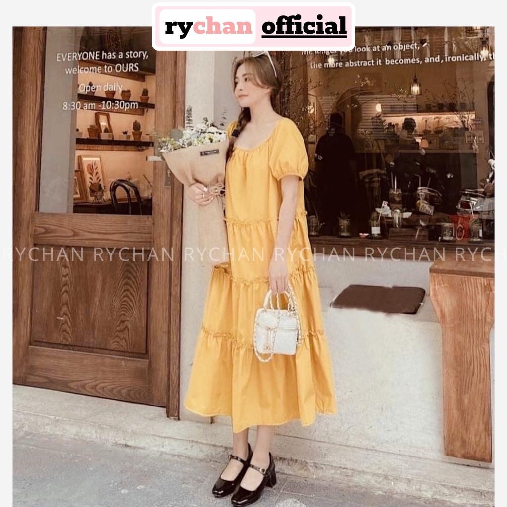 Đầm Suông Nữ Đi Chơi Chụp Hình Sống Ảo Cổ Vuông Mặc Được 2 Kiểu Viền Bèo Màu Vàng [ẢNH THẬT CUỐI] - DX9893