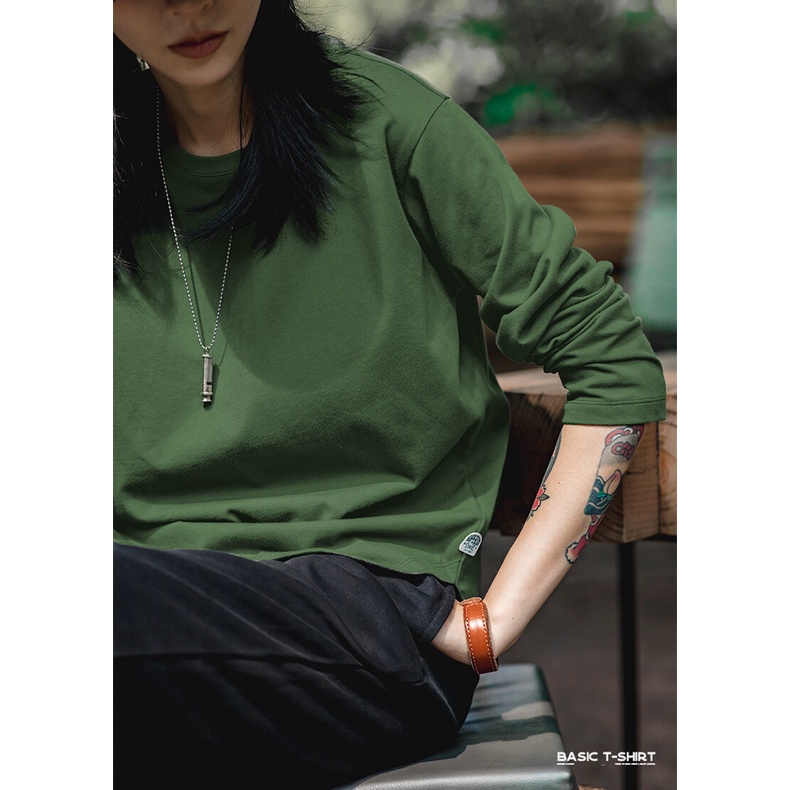 Áo thun MADEN cotton tay dài màu trơn phong cách retro Mỹ