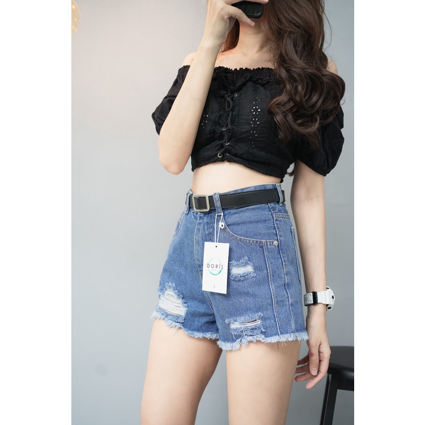 Quần short jean nữ lưng cao phối rách denim cotton, rin ngắn phối rách - AT73