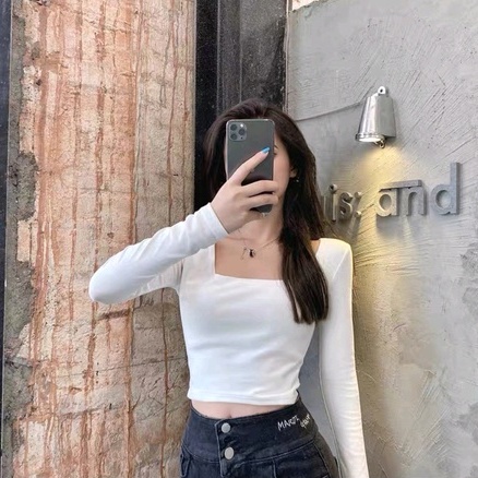 [ Chuyên sỉ ] Áo Croptop Tay Dài Cổ Vuông - Áo Thun Dài Tay Cổ Vuông