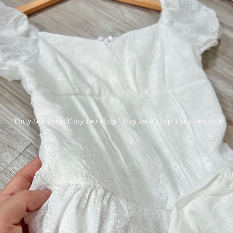 VÁY WINNY TRẮNG CỘC TAY CHIẾT EO XOÈ BỒNG