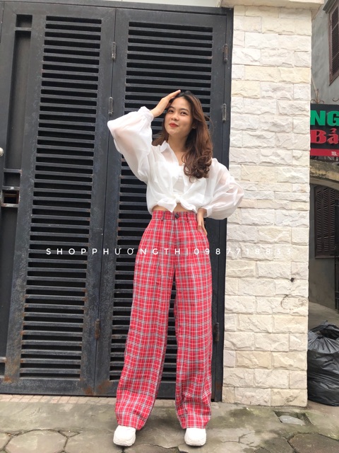 Quần kẻ caro ống suông cạp cao ( hình shop tự chụp ) | BigBuy360 - bigbuy360.vn