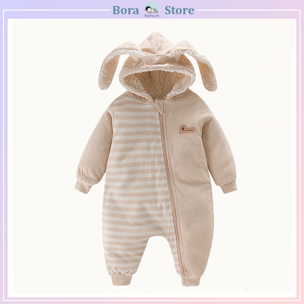 Body mũ tai thỏ cho bé, cotton hữu cơ tự nhiên, chần bông cashmere, siêu mềm mịn và ấm