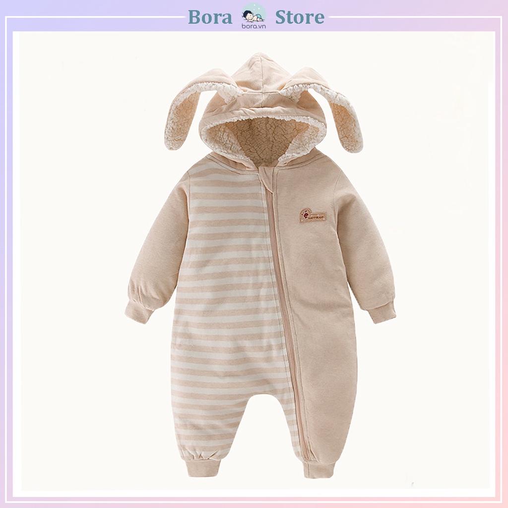 Body mũ tai thỏ cho bé, cotton hữu cơ tự nhiên, chần bông cashmere, siêu mềm mịn và ấm